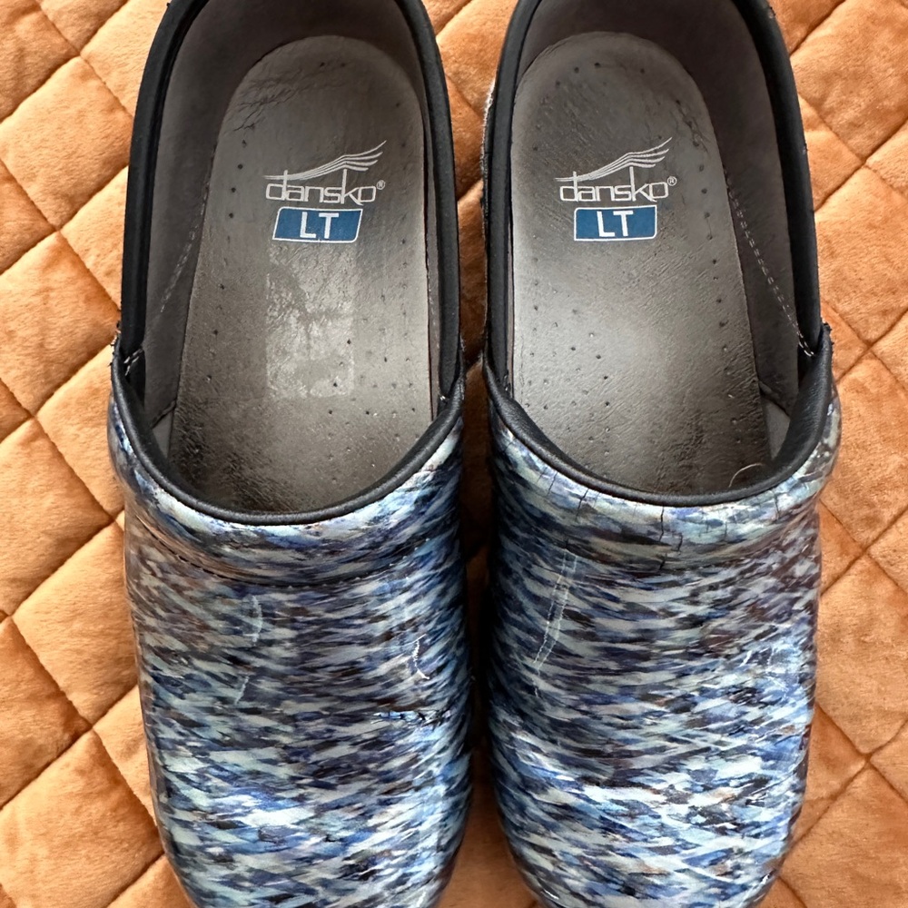 Dansko Blue and Gray Patterned Clogs